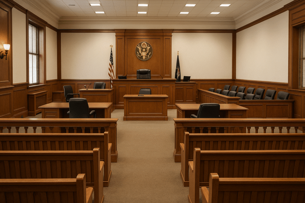 a courtroom with chairs and a flag