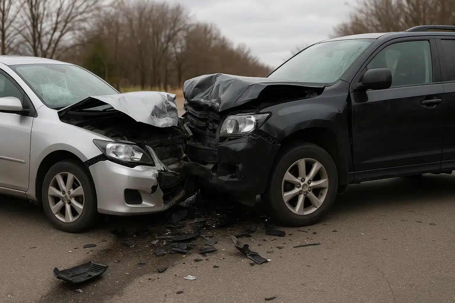 Silver sedan and black SUV with crumpled front ends after a head on car accident