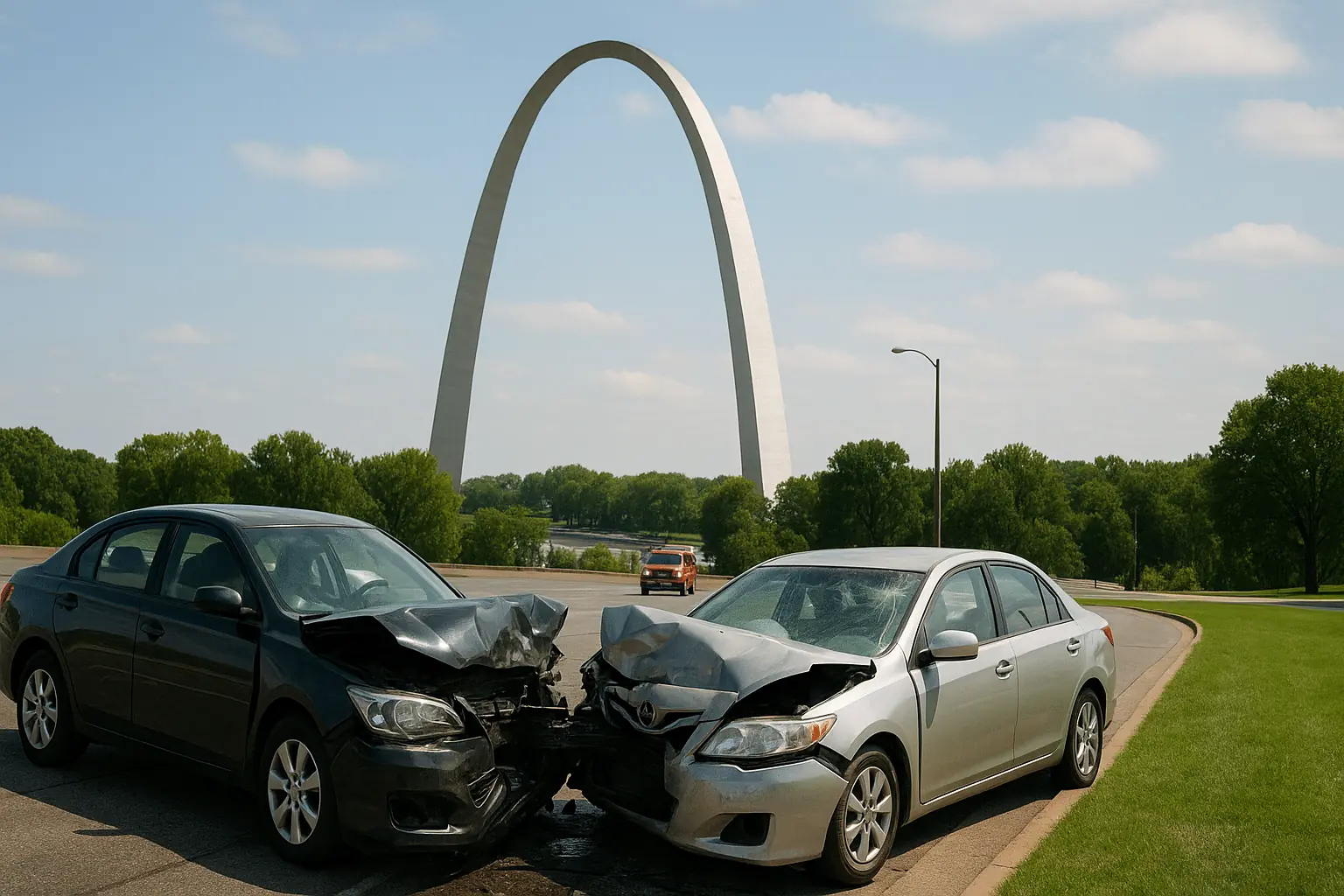Two cars with front end damage on a St. Louis roadway with the Gateway Arch in the background