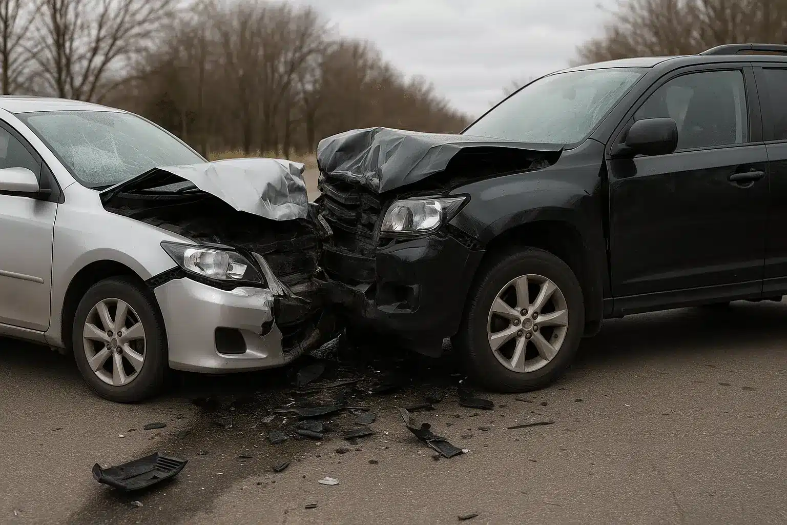 Silver sedan and black SUV with crumpled front ends after a head on collision on a Missouri road
