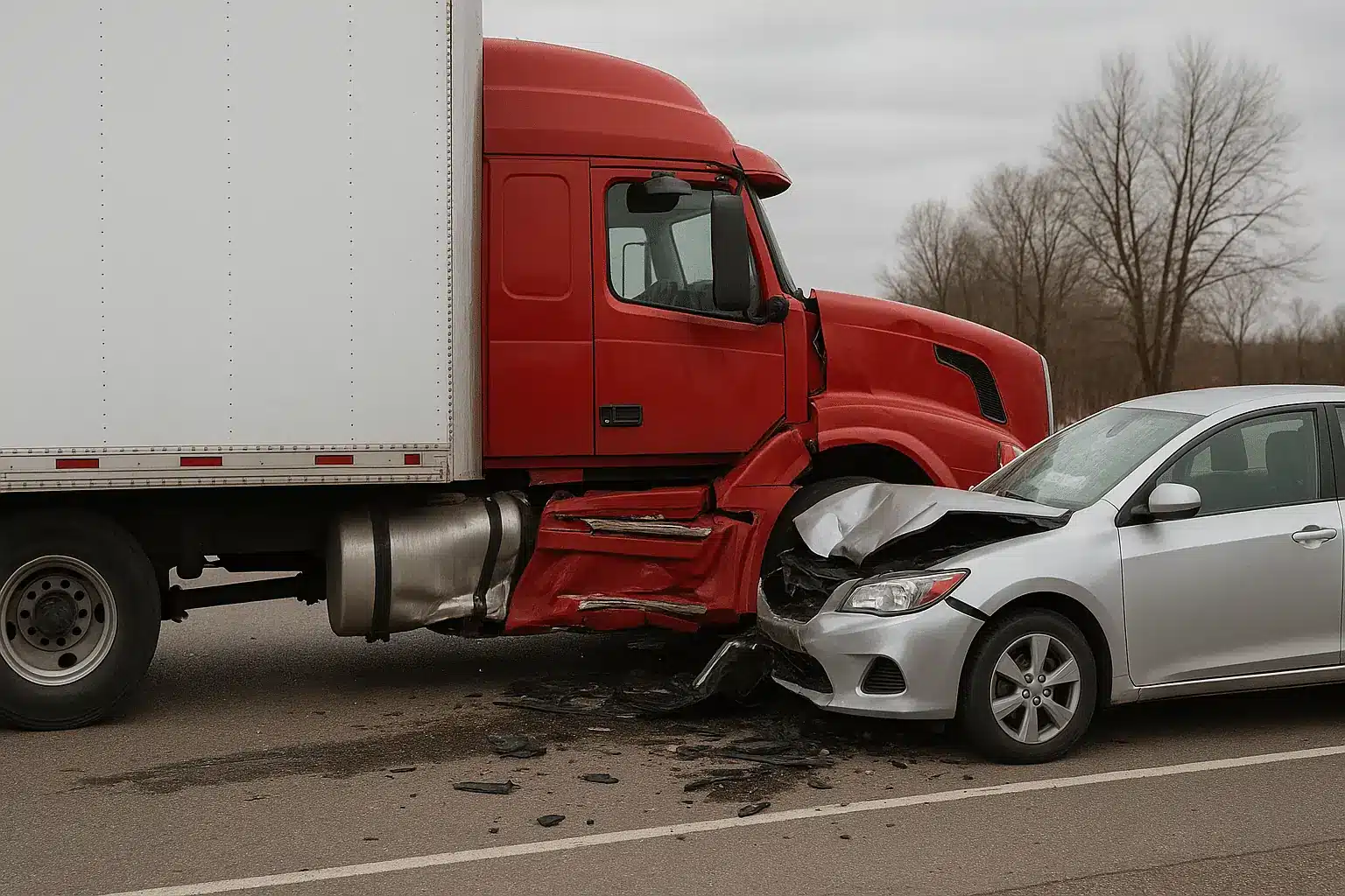 Red semi truck jackknifed into the front of a silver sedan on a Missouri highway